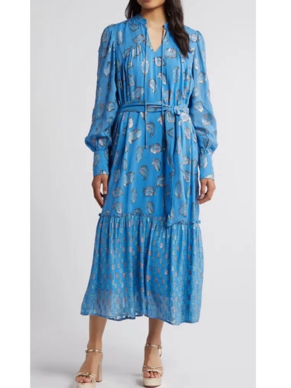 Ciebon Eriana Blue Metallic Leaf Pattern Belted Tiered Maxi Dress size 1X